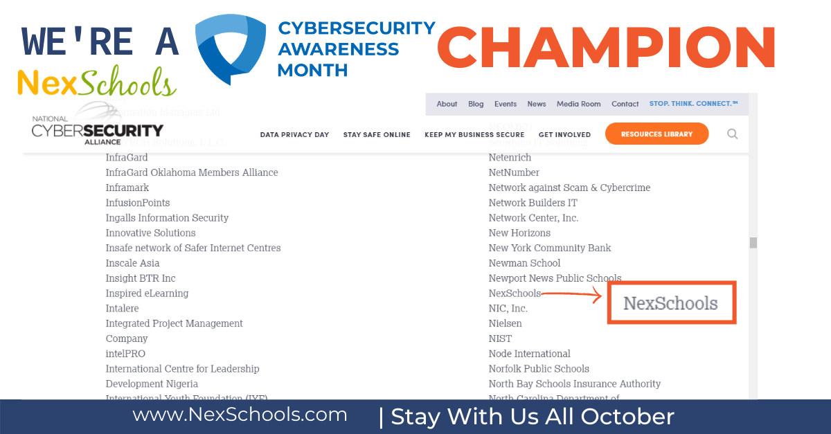 Cybersecurity Awareness Month Champinion 2020 NexSchools.com, Cyber Safety for Schools, Student Cyber Safety Ambassador